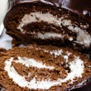 Chocolate swiss roll cake close up