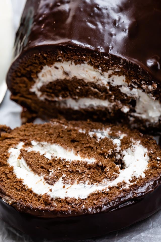Chocolate swiss roll cake close up