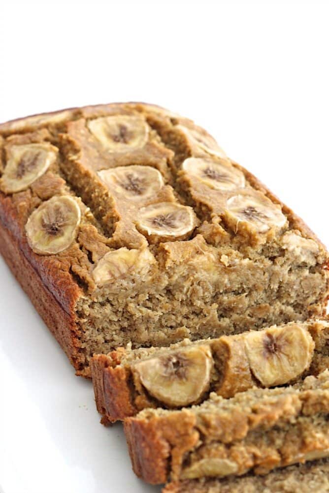 Flourless banana bread loaf white background