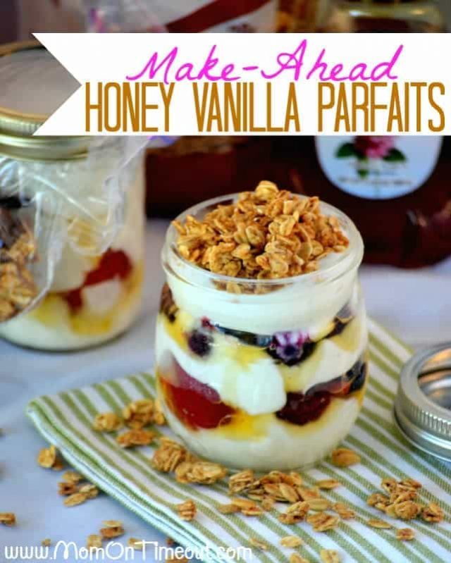 Honey vanilla parfaits in a glass jar with title
