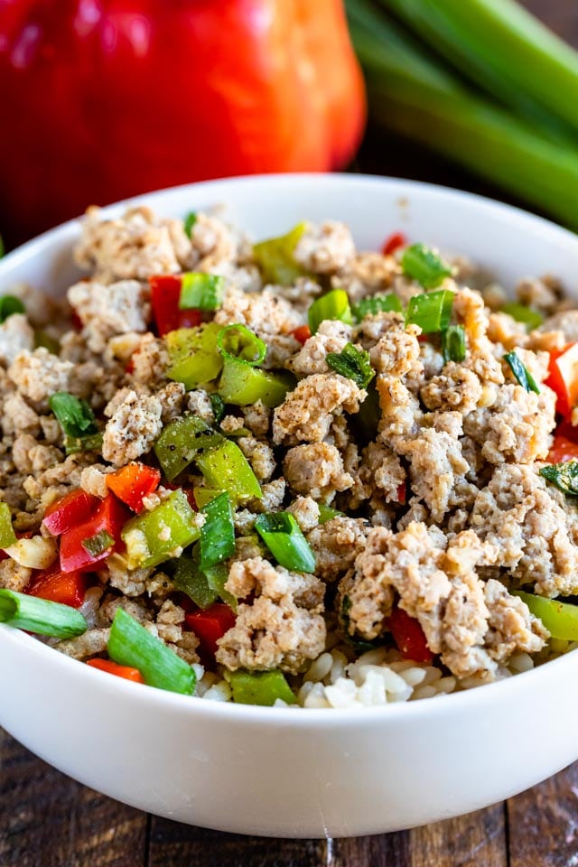 Bowl of ground turkey and peppers