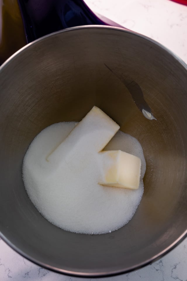over head shot of bowl with butter and sugar