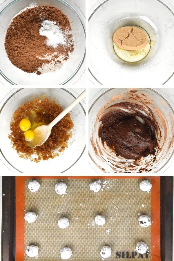 collage of 4 photos: mixing cookies and one photo of cookies on cookie sheet