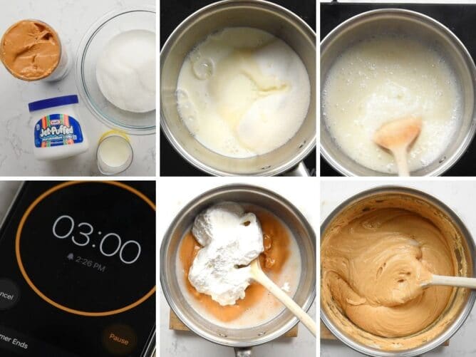 collage of 6 photos showing how to make peanut butter fudge