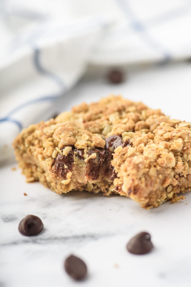 Bite of chocolate chip peanut butter oatmeal bars