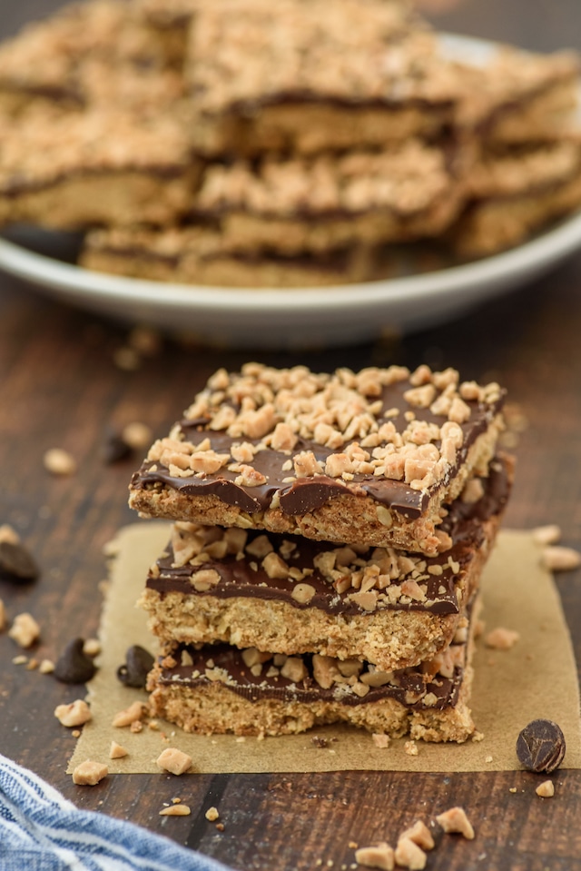 Stack of toffee peanut butter bar cookies