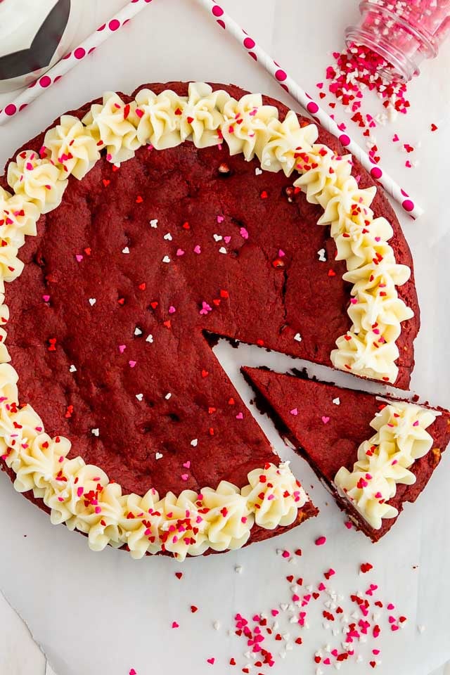 Overhead shot of Red velvet cookie cake with title