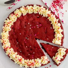 Overhead shot of Red velvet cookie cake with title