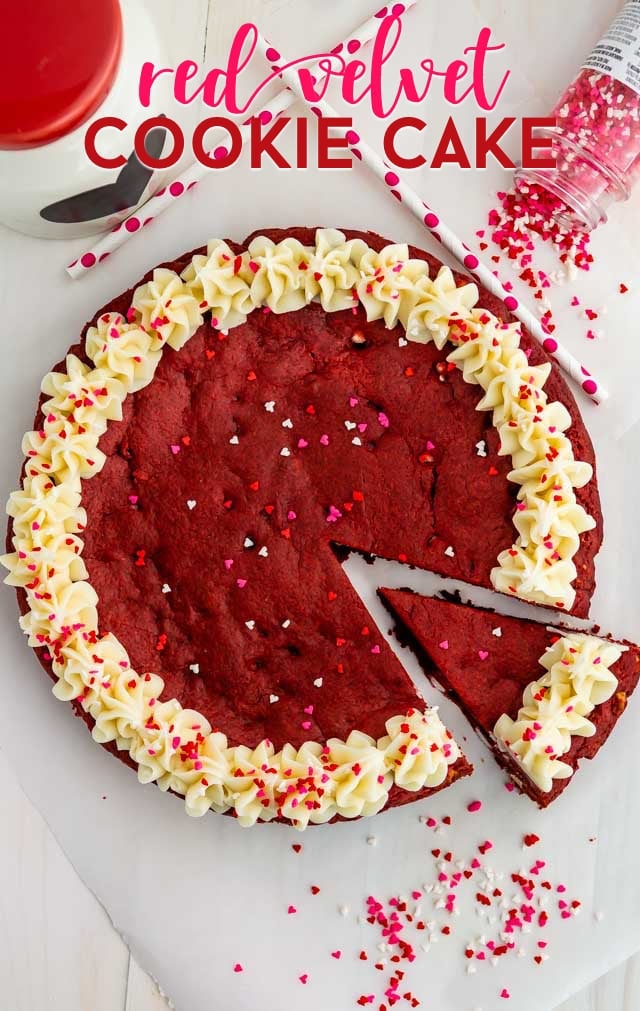 Overhead shot of Red velvet cookie cake with title