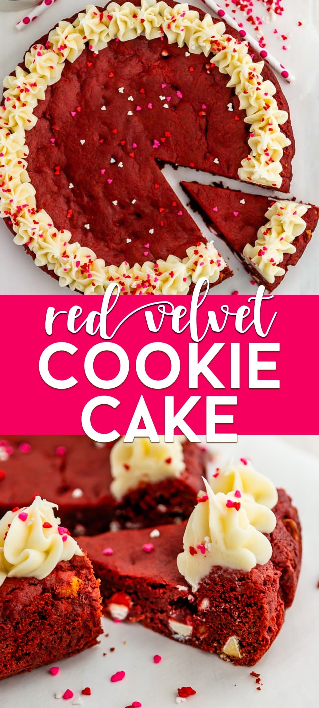 Red velvet cookie cake collage with title