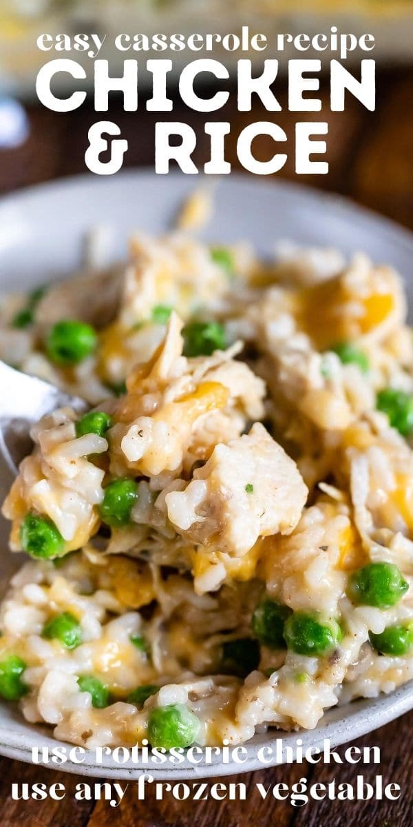 closeup of chicken rice casserole on plate with fork and words on photo