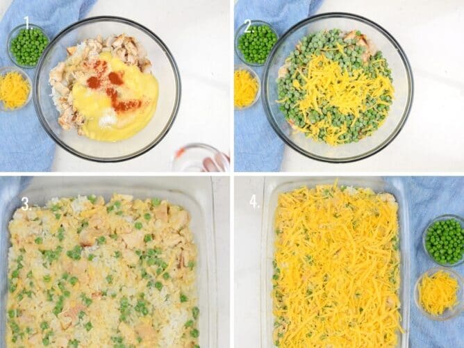 4 photos showing how to make chicken and rice casserole