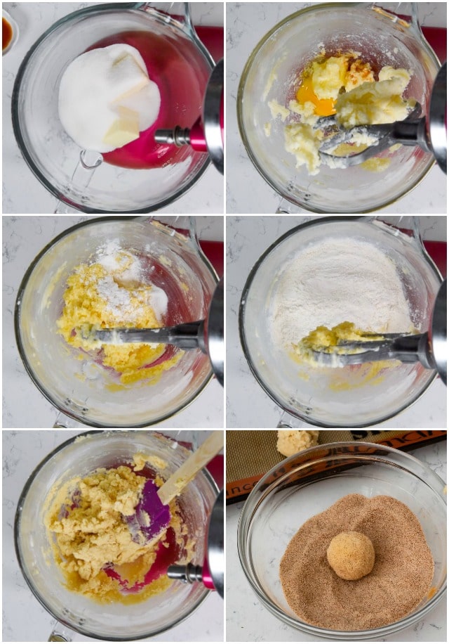 process shots of making snickerdoodle cookies
