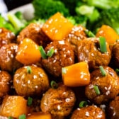 teriyaki meatballs in white bowl