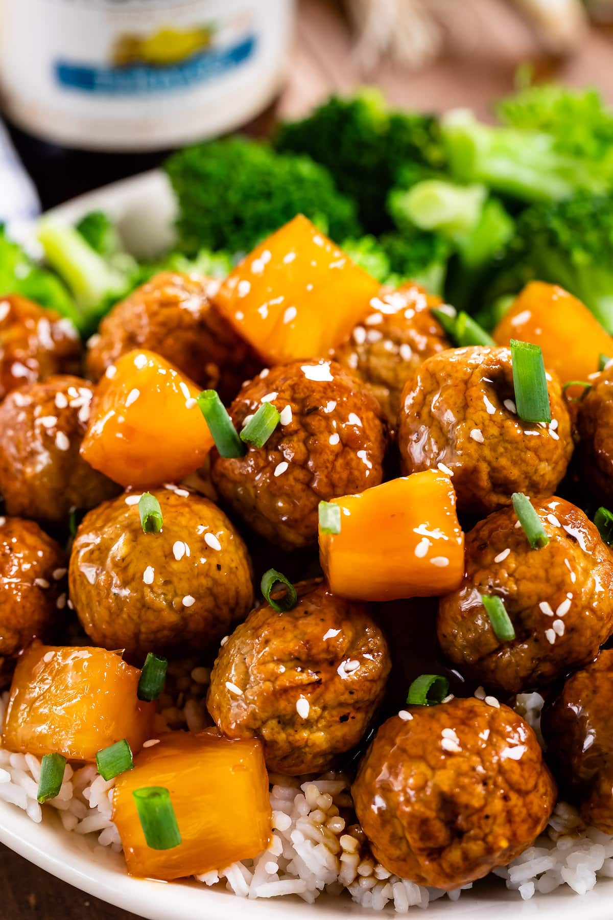 teriyaki meatballs in white bowl