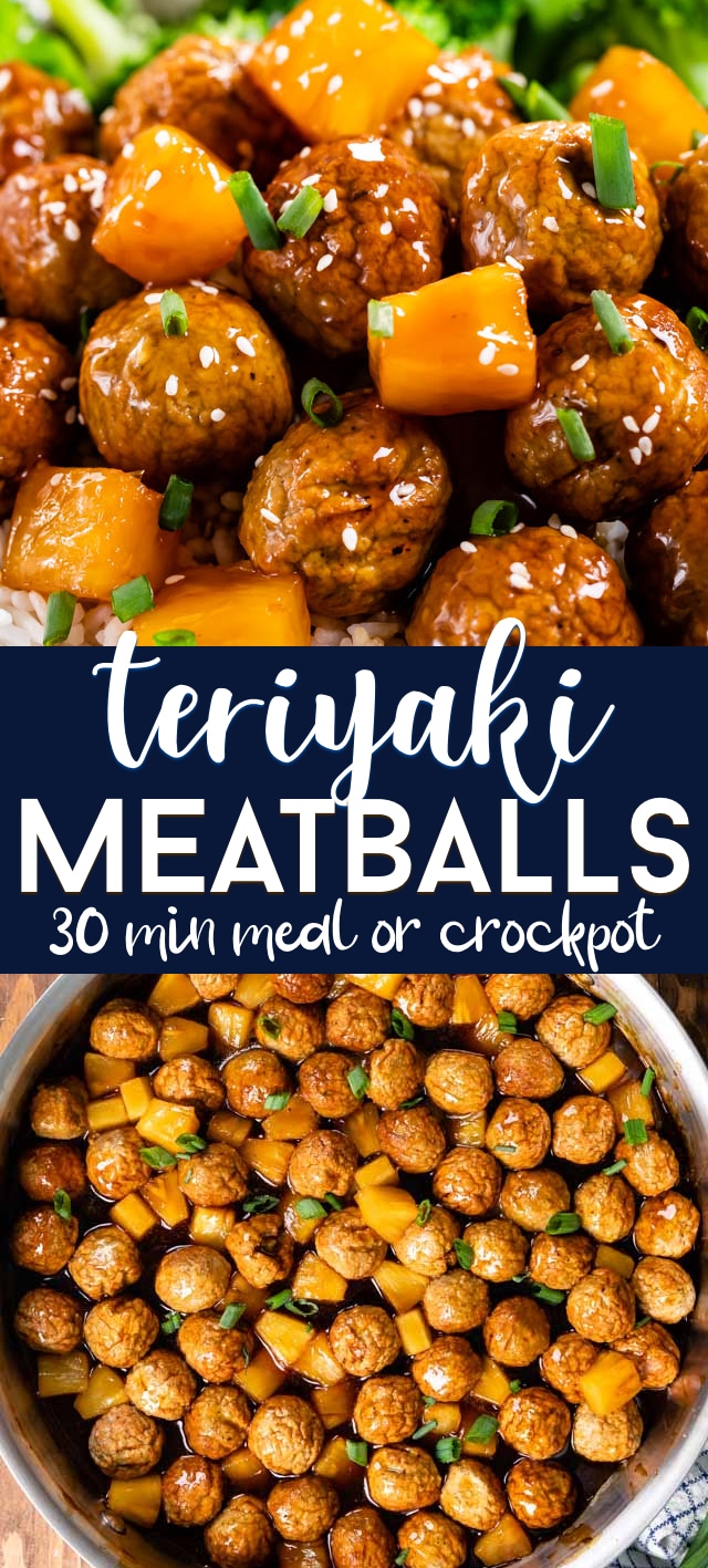 collage photo of teriyaki meatballs
