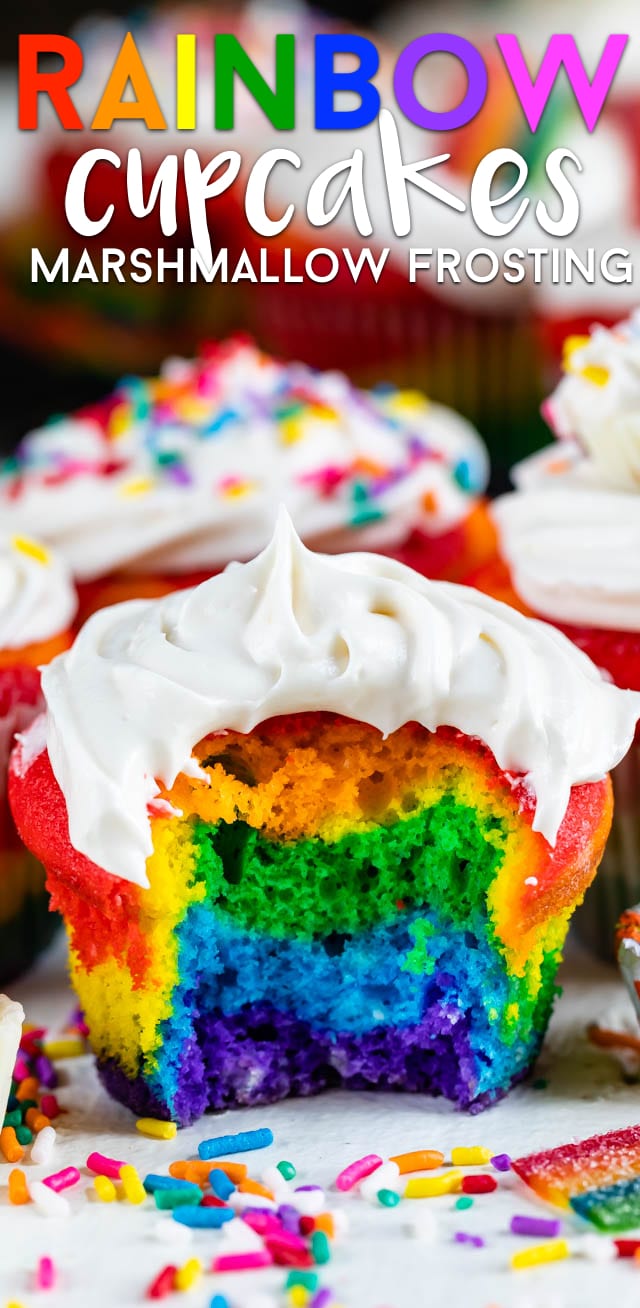 Rainbow cupcakes with marshmallow frosting