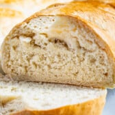 cut bread propped up on a slice showing front.