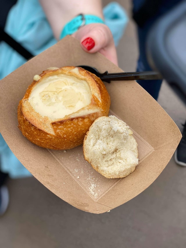 white cheddar beer soup in bread bowl