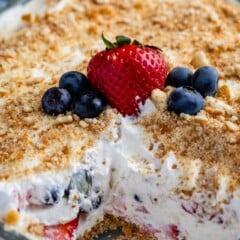 berry dessert in pan with slice missing