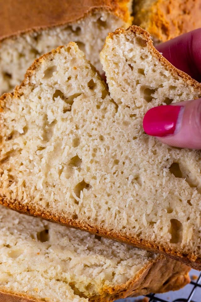 hand holding slice of no yeast white bread