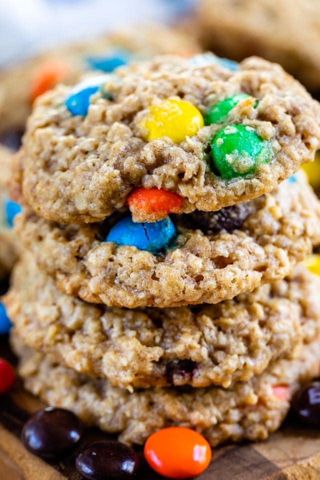 oatmeal cookie with m&Ms in stack