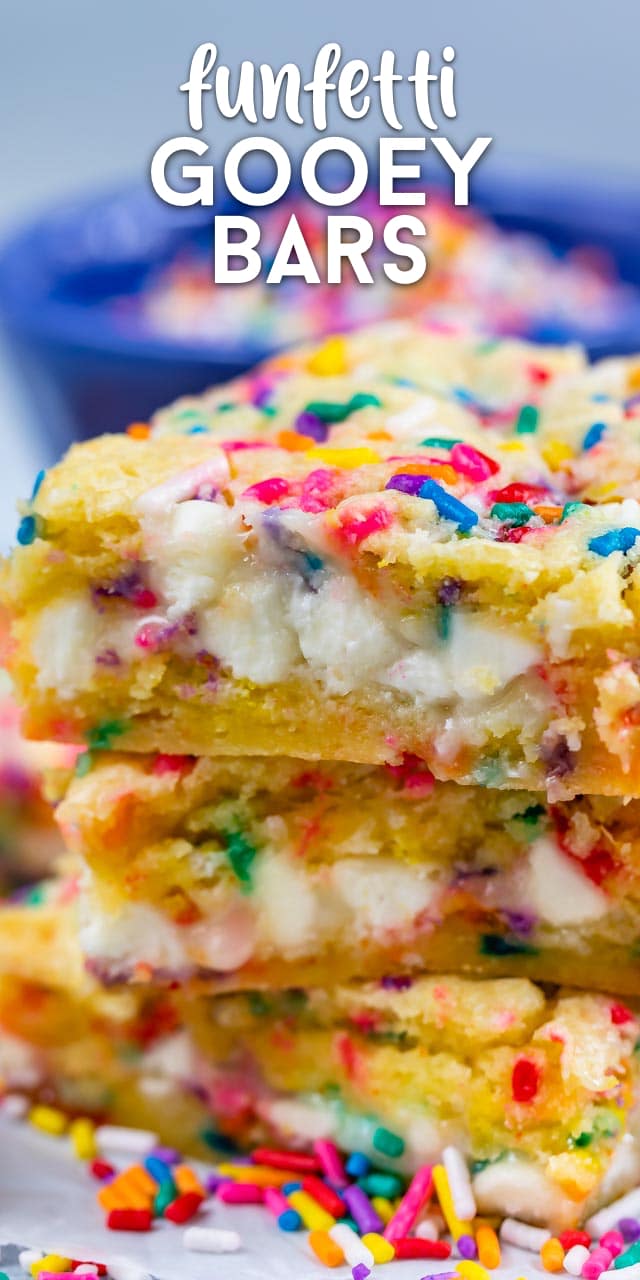 funfetti gooey bars in a stack close up