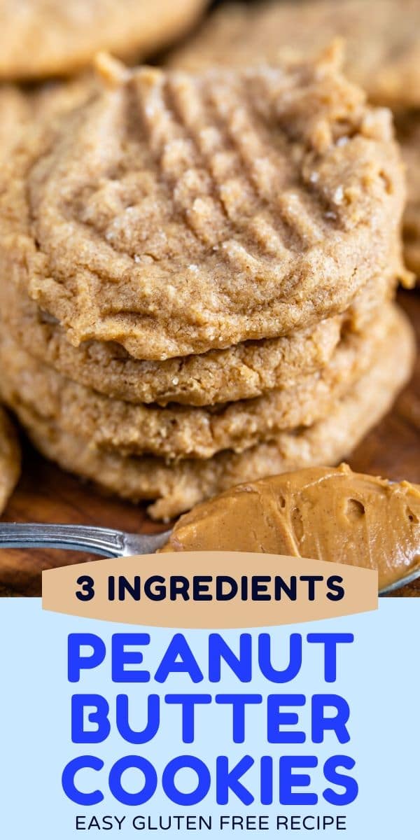 stack of 3 ingredient peanut butter cookies with words on photo