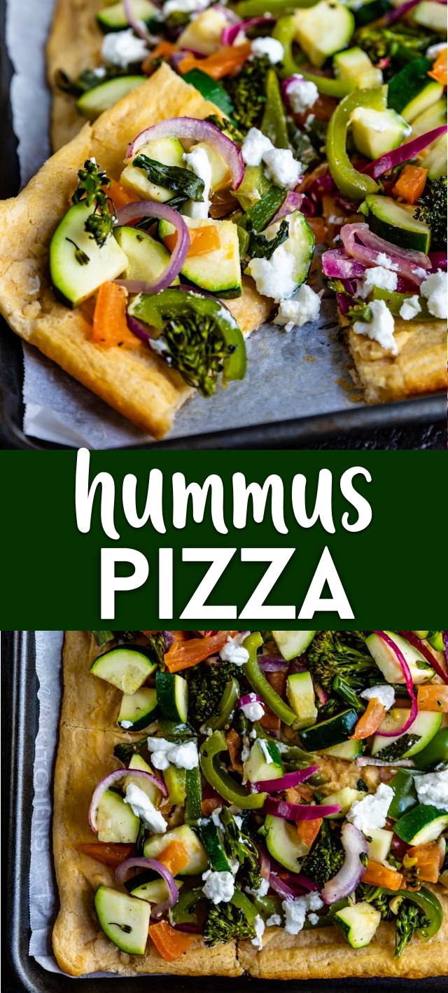 Hummus and veggies pizza