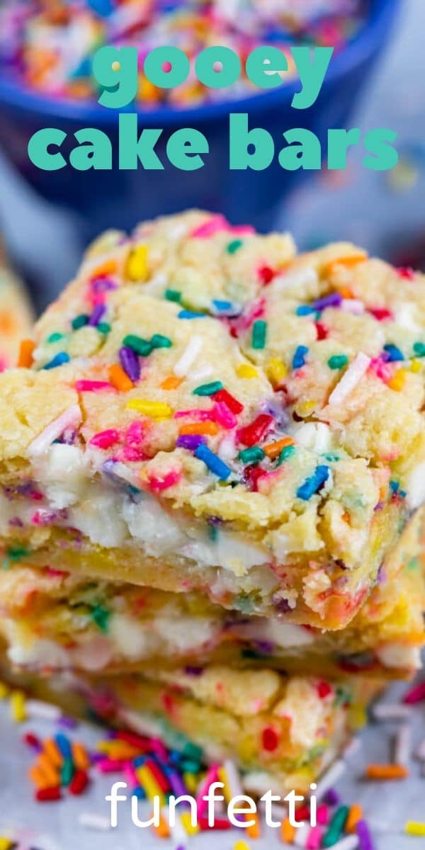 gooey cake bars stack with sprinkles