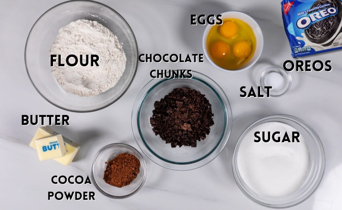 ingredients in oreo brownies laid out on a white counter.