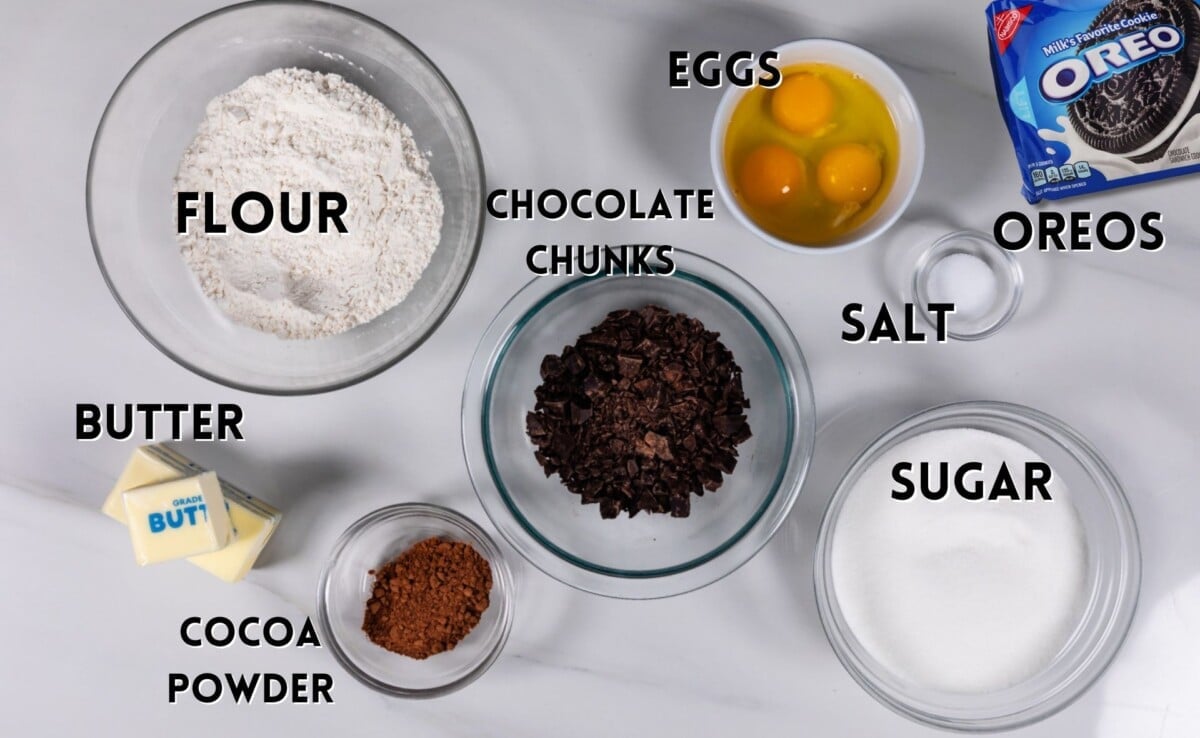 ingredients in oreo brownies laid out on a white counter.