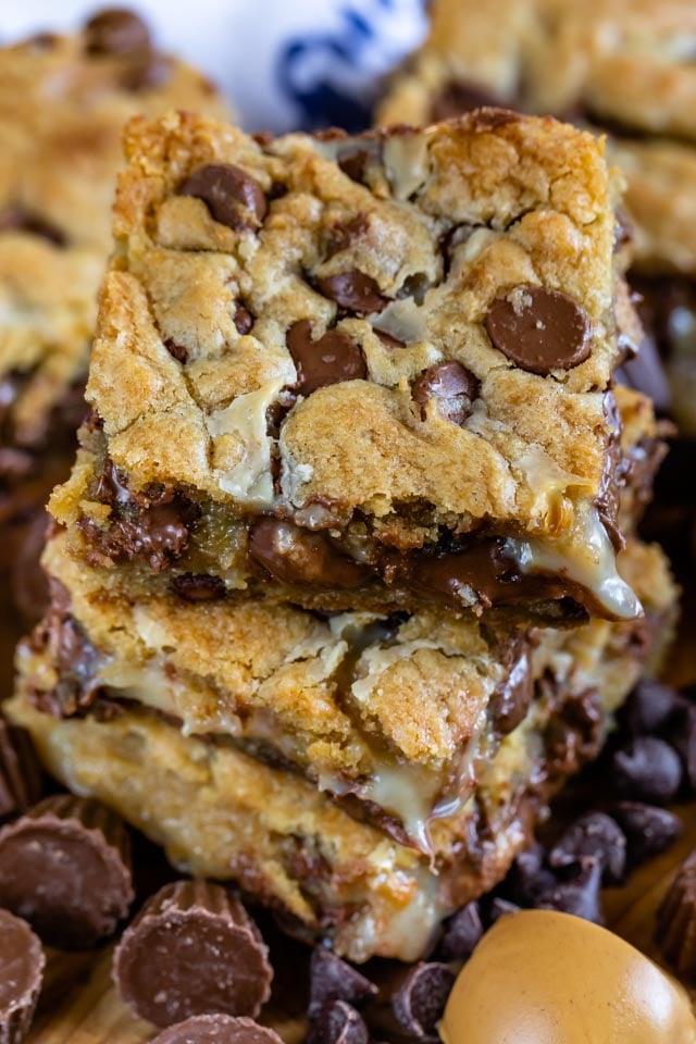 Gooey Cookie Bars with Peanut Butter in a stack overhead