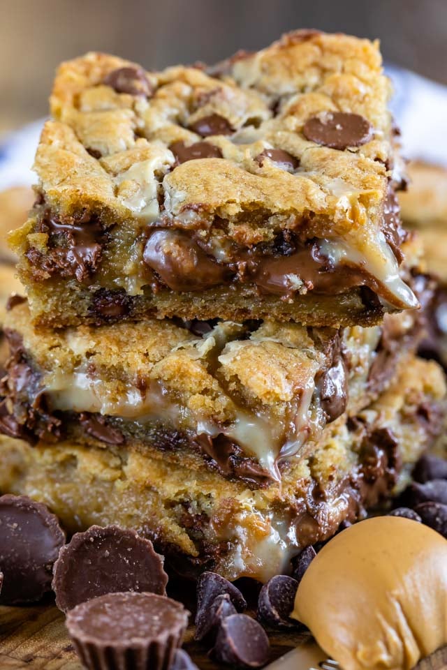 Peanut Butter Gooey Bars in a stack