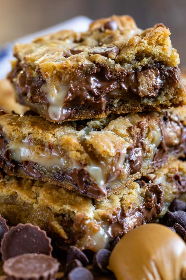 Gooey Cookie Bars with Peanut Butter in a stack
