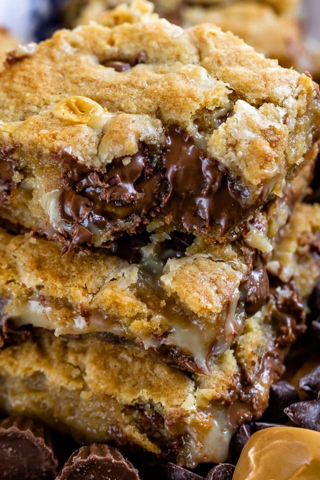 Gooey Cookie Bars with Peanut Butter in a stack