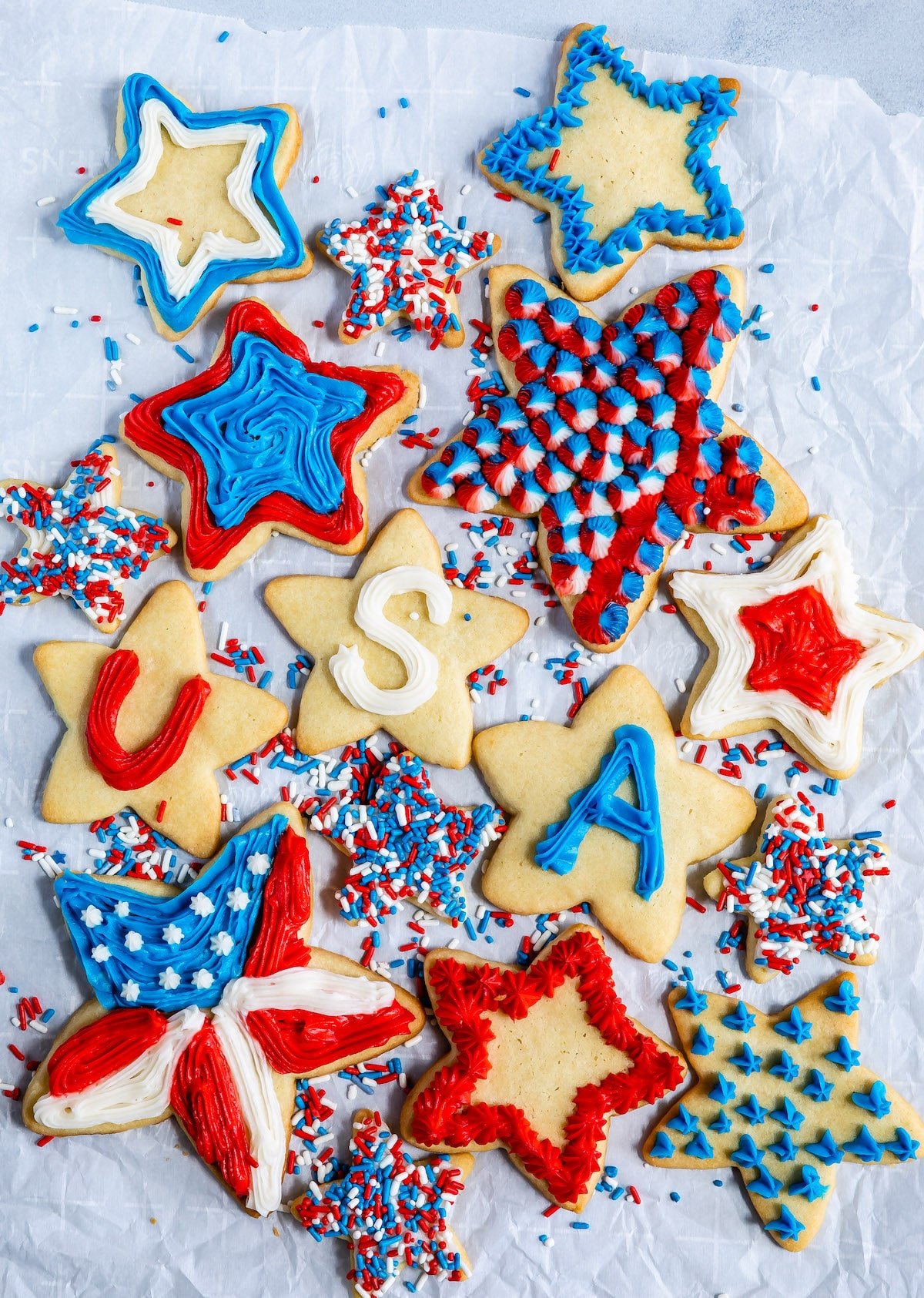 star sugar cookies with red white and blue frosting