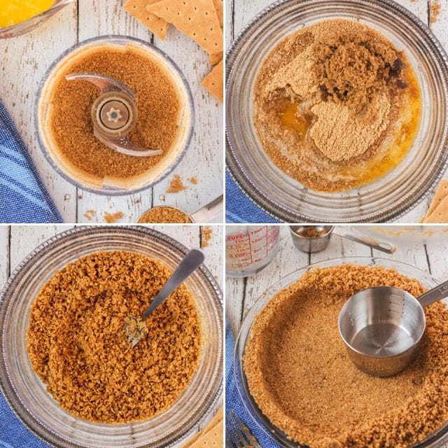4 photo collage of process to make graham cracker crust