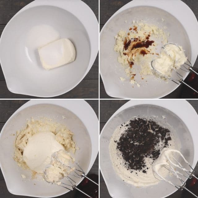 collage of process photos for how to make Oreo cheesecake