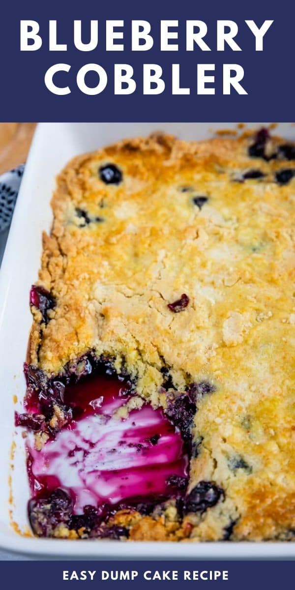 overhead shot of blueberry cobbler in pan with color blocks and words above and below it