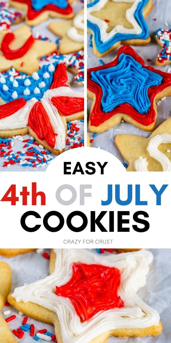 collage of overhead shot of star shaped sugar cookies decorated with red, white and blue frosting