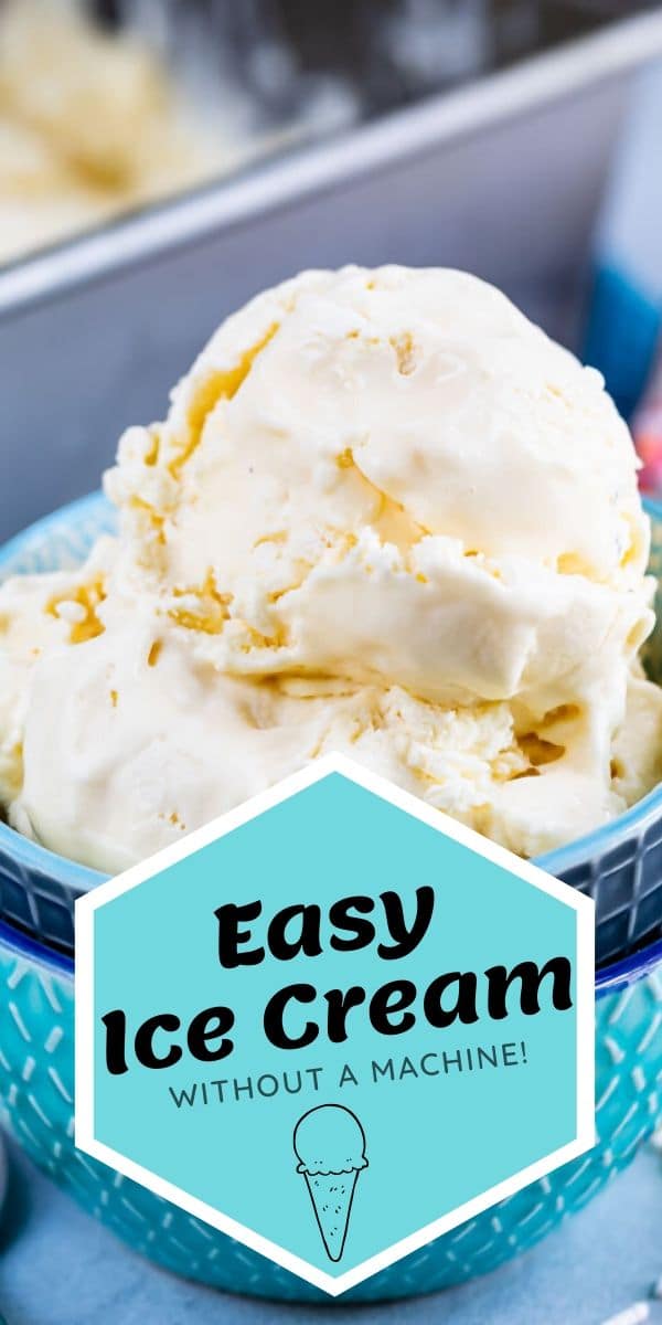 Easy ice cream in a bowl with a graphic in front of it