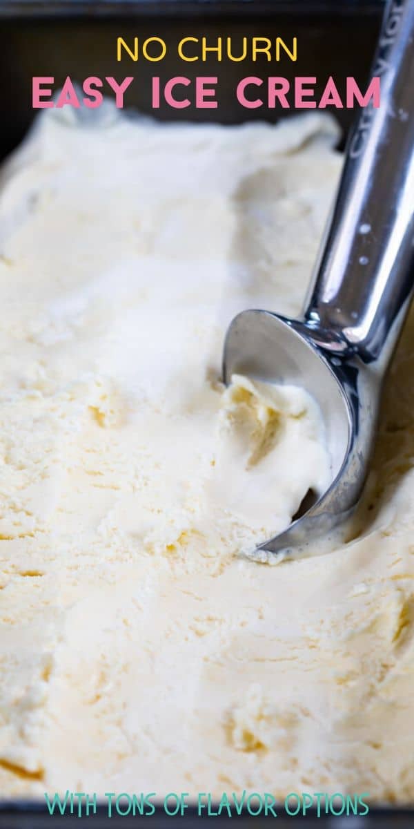 Easy ice cream being scooped from container with text on top