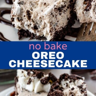 collage of two photos of oreo cheesecake slices with words