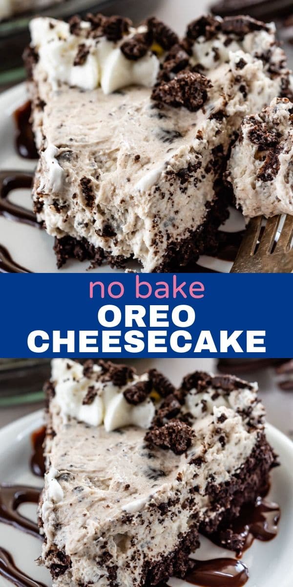 collage of two photos of oreo cheesecake slices with words