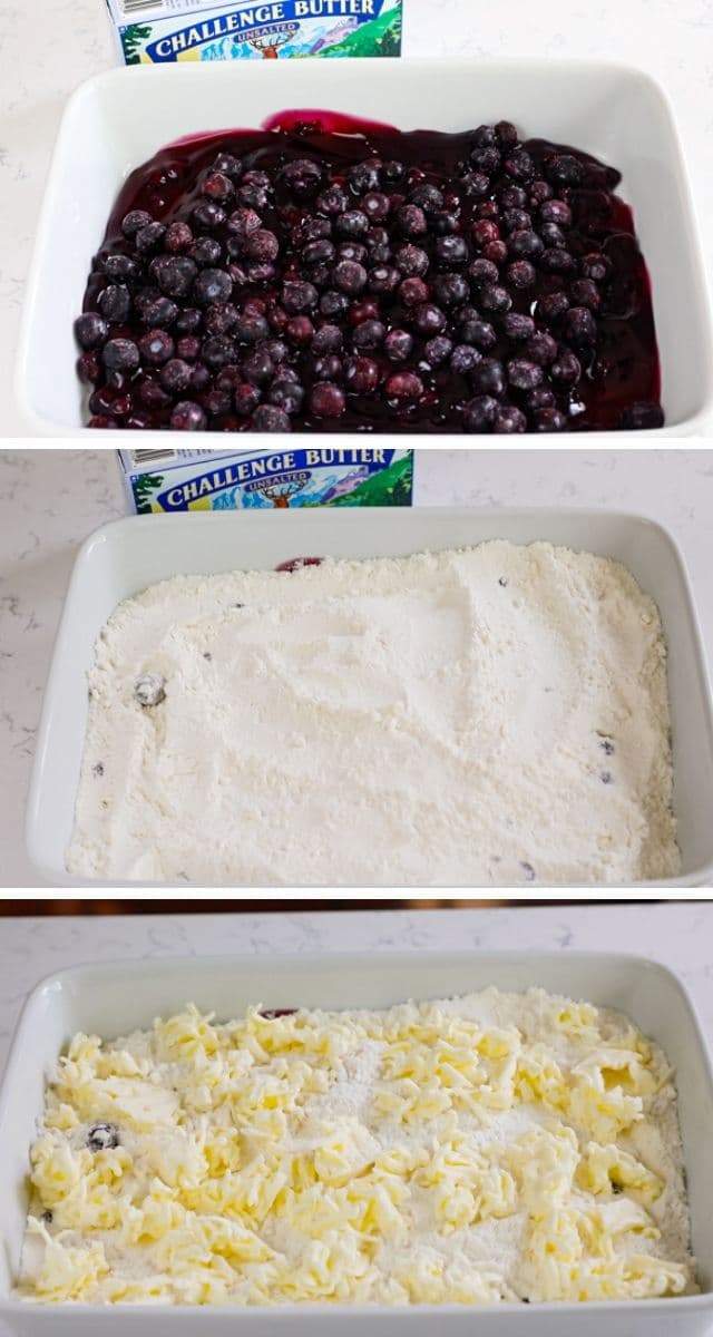 collage of three photos how to make blueberry cobbler
