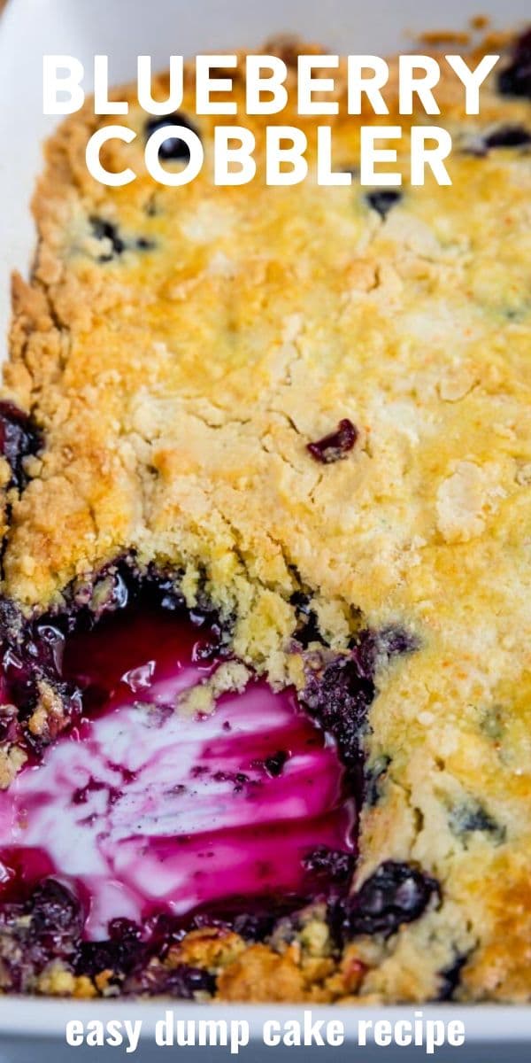 overhead shot of blueberry dump cake recipe in pan with slice missing and words on photo