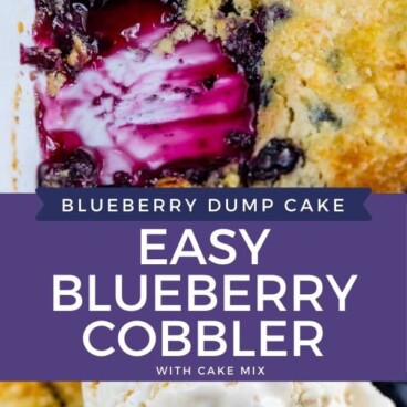 collage of two photos: blueberry dump cake in pan and closeup of it with ice cream