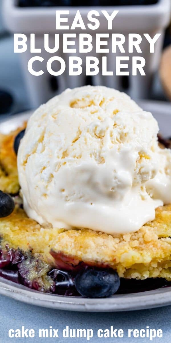 blueberry dump cake with ice cream on plate with words on photo