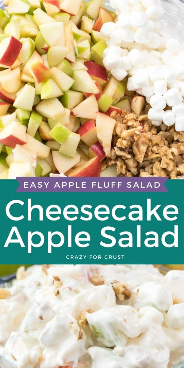 Photo collage of cheesecake apple salad with recipe title on a colorblock in middle of photos
